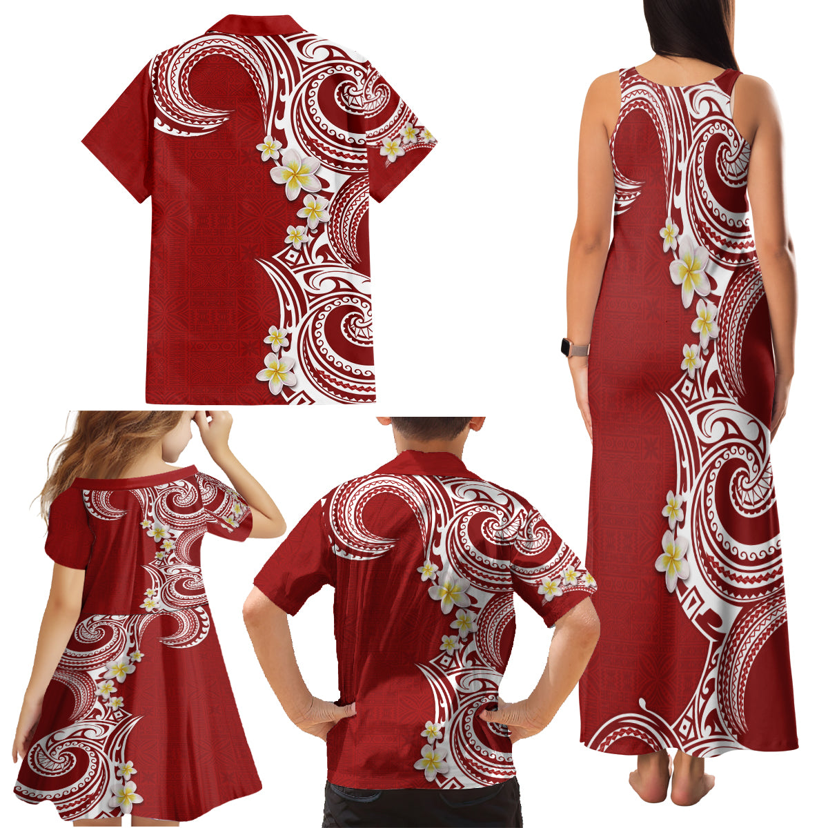 Aloha Polynesian Plumeria Flower Family Matching Tank Maxi Dress and Hawaiian Shirt Red Color