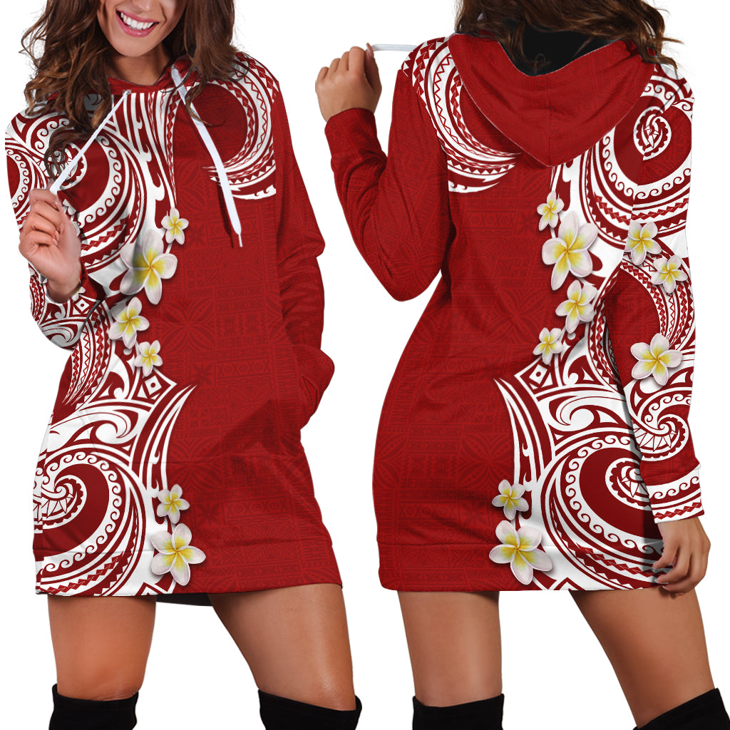 Aloha Polynesian Plumeria Flower Hoodie Dress Red Color