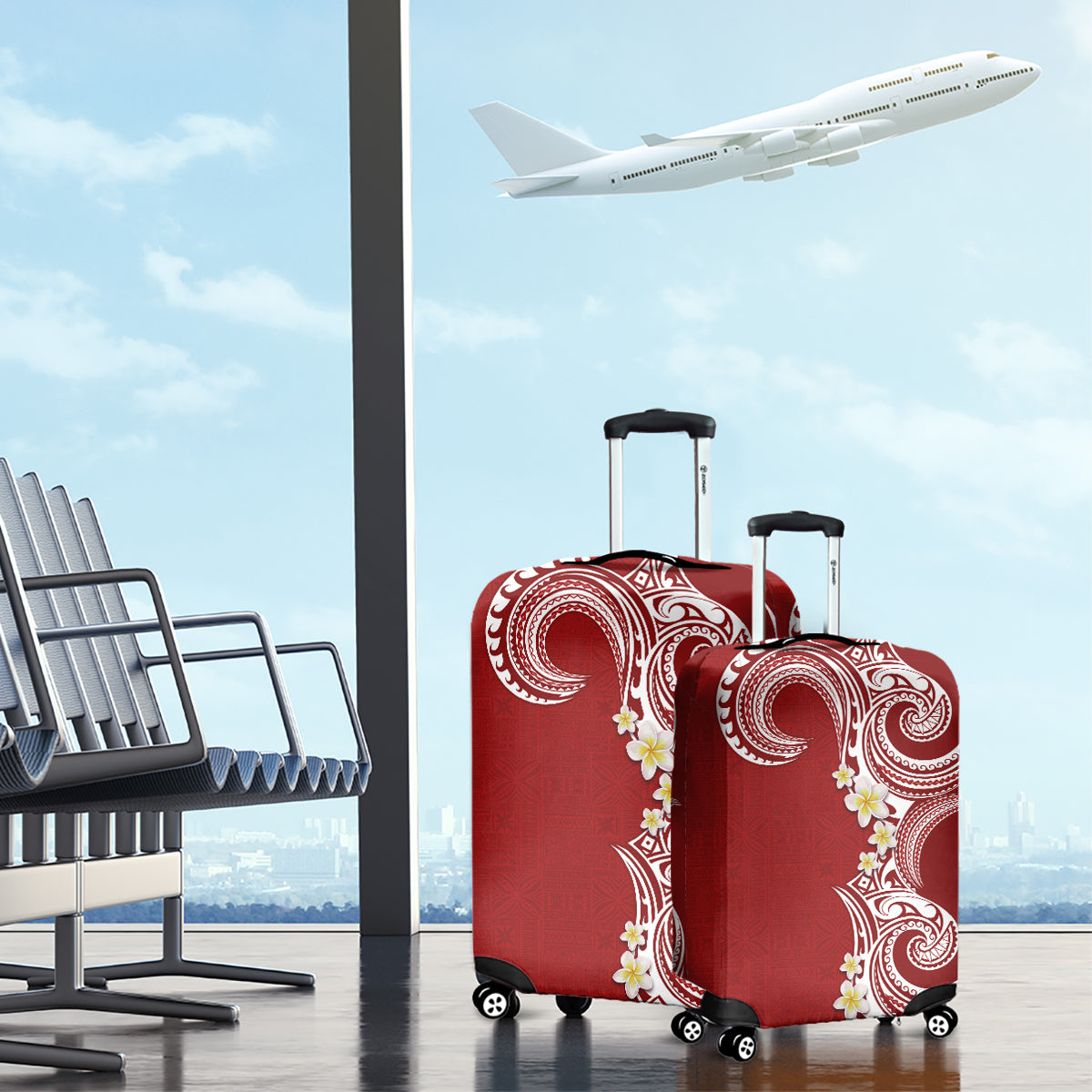 Aloha Polynesian Plumeria Flower Luggage Cover Red Color