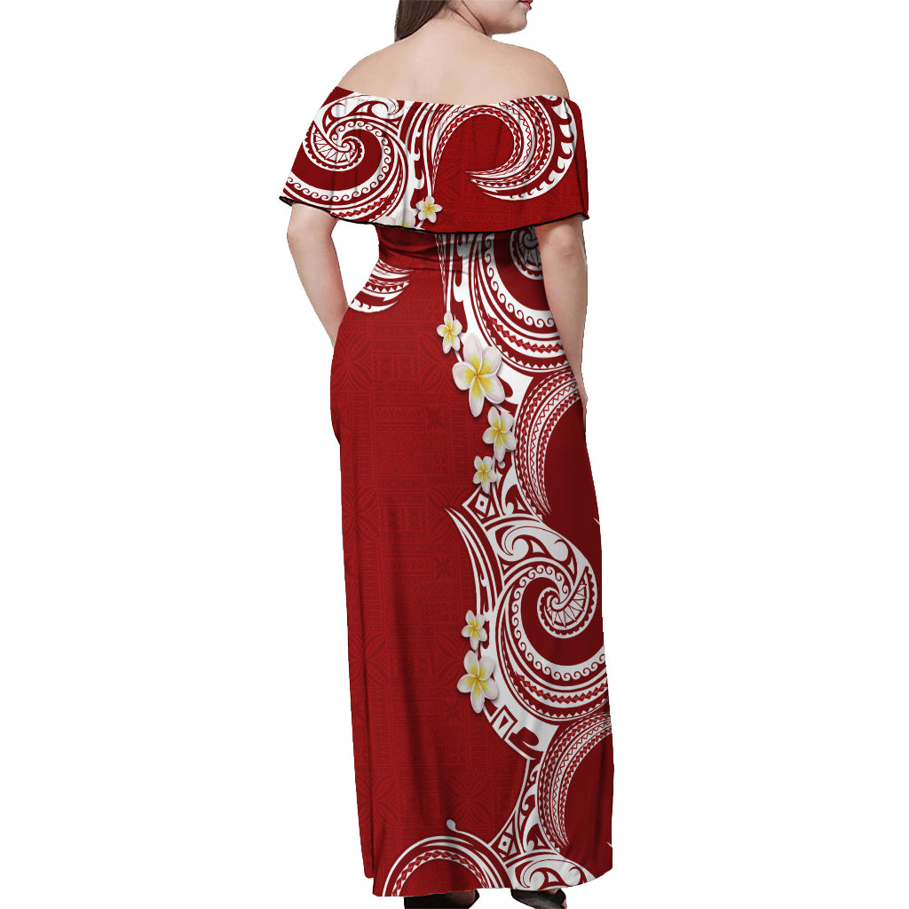 Aloha Polynesian Plumeria Flower Off Shoulder Maxi Dress Red Color LT03 - Polynesian Pride