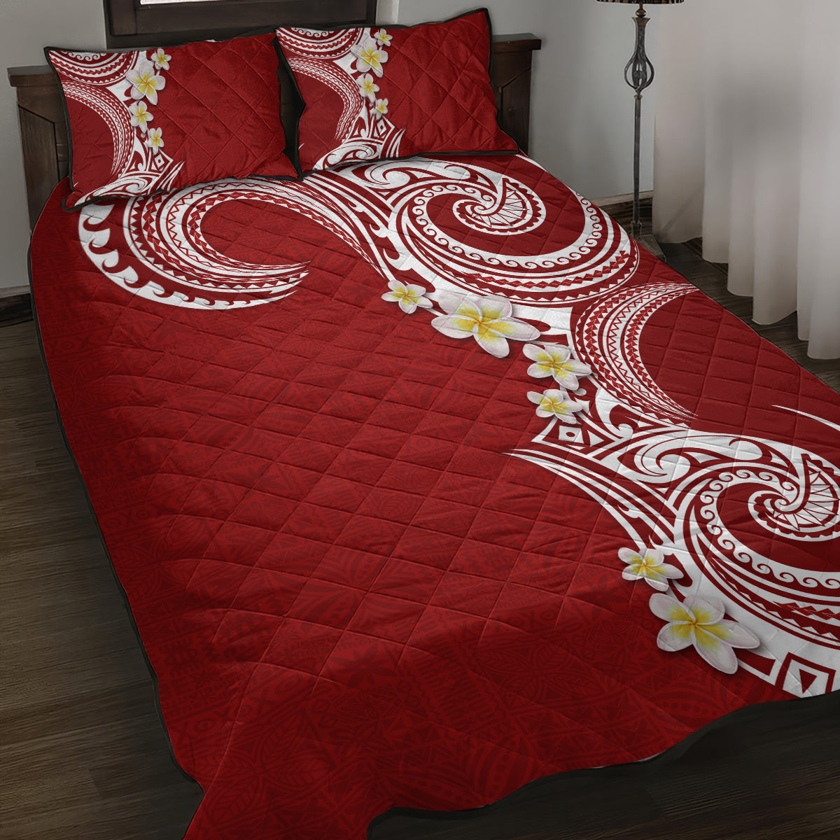 Aloha Polynesian Plumeria Flower Quilt Bed Set Red Color