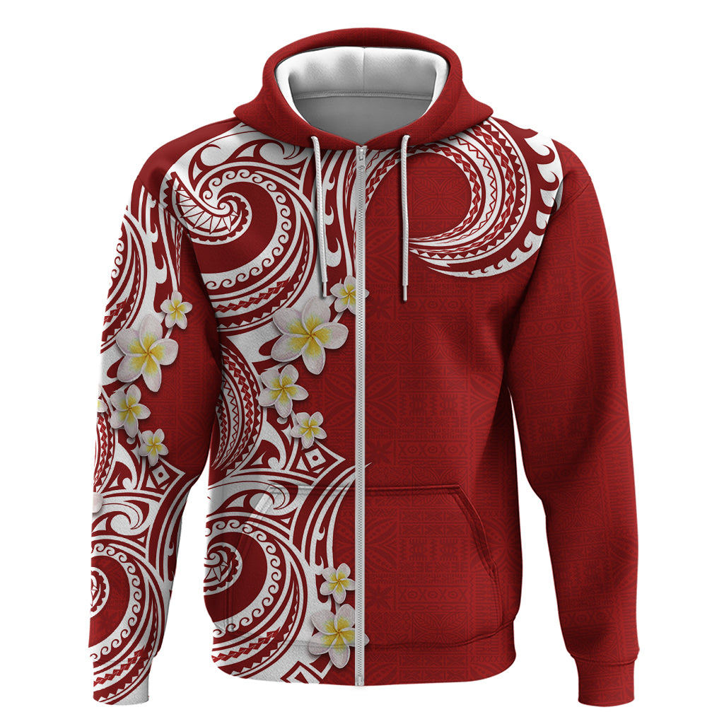 Aloha Polynesian Plumeria Flower Zip Hoodie Red Color