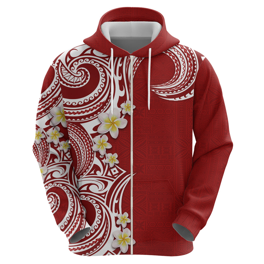 Aloha Polynesian Plumeria Flower Zip Hoodie Red Color