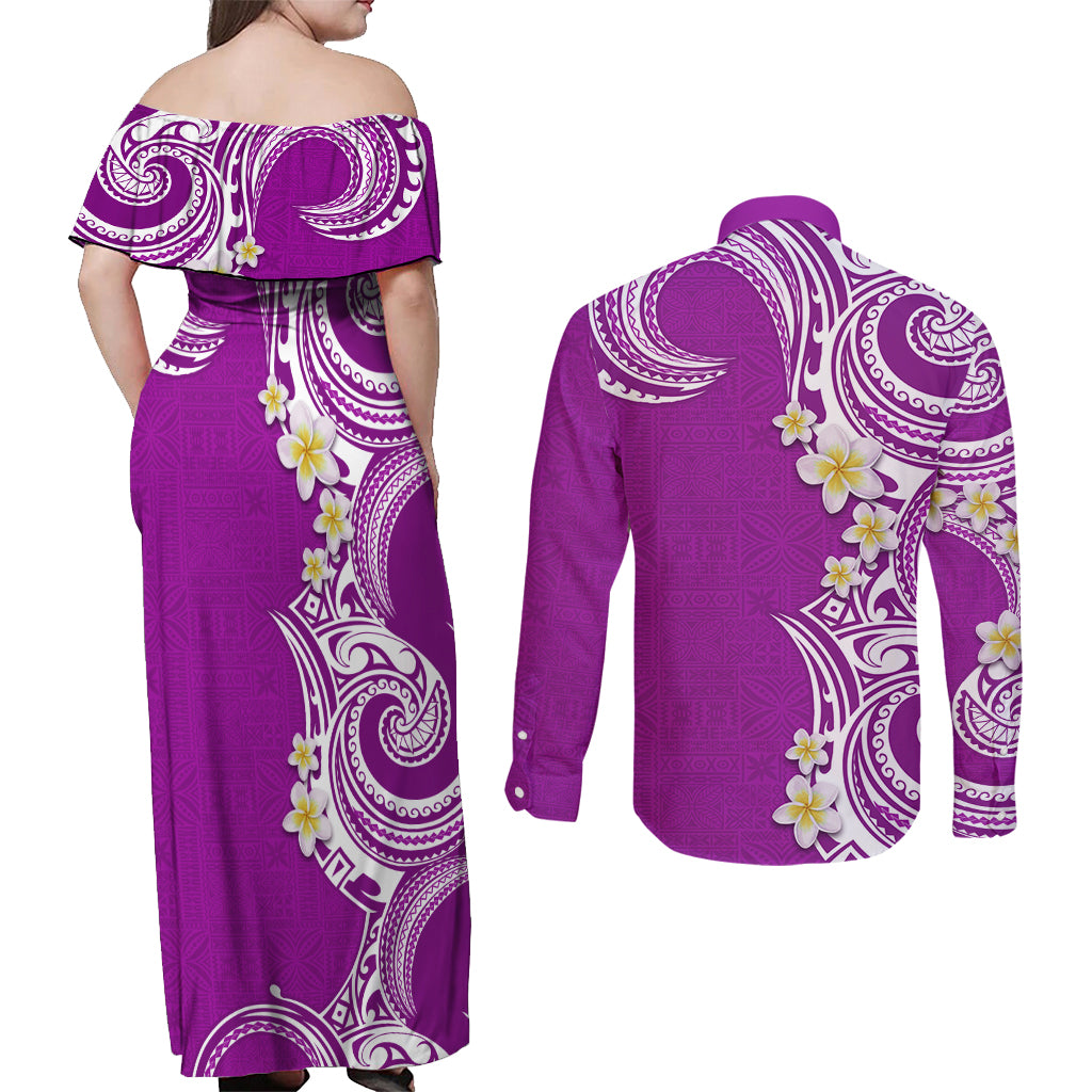 Aloha Polynesian Plumeria Flower Couples Matching Off Shoulder Maxi Dress and Long Sleeve Button Shirt Purple Color