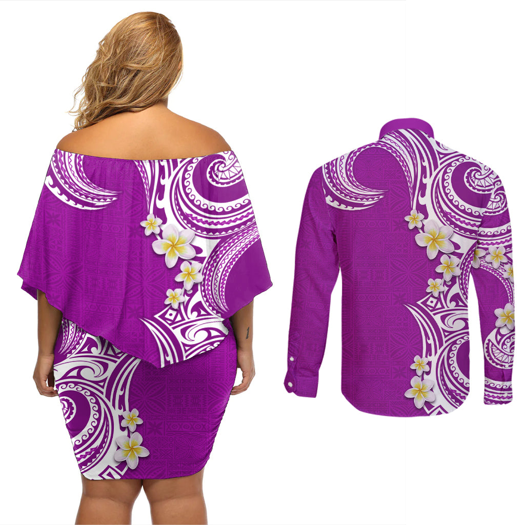 Aloha Polynesian Plumeria Flower Couples Matching Off Shoulder Short Dress and Long Sleeve Button Shirt Purple Color