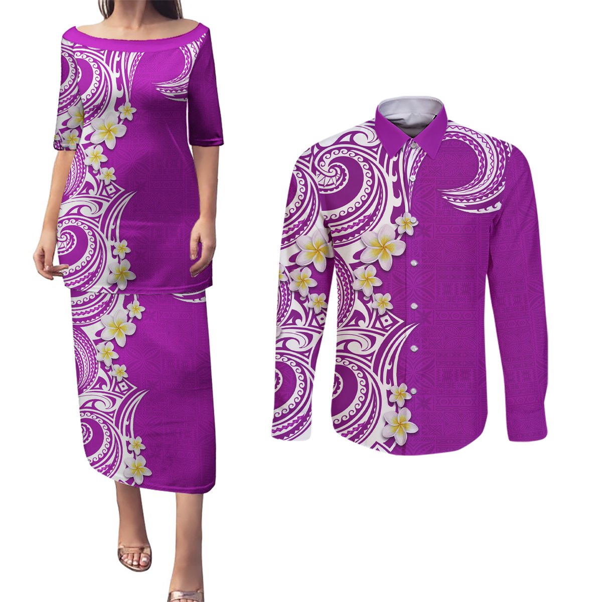 Aloha Polynesian Plumeria Flower Couples Matching Puletasi and Long Sleeve Button Shirt Purple Color