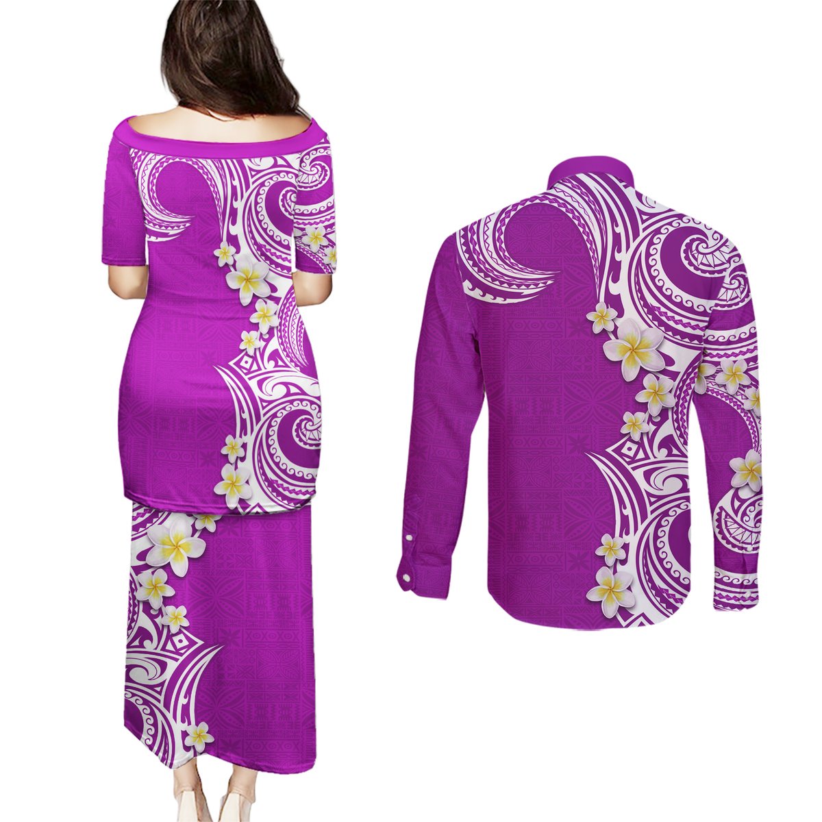 Aloha Polynesian Plumeria Flower Couples Matching Puletasi and Long Sleeve Button Shirt Purple Color