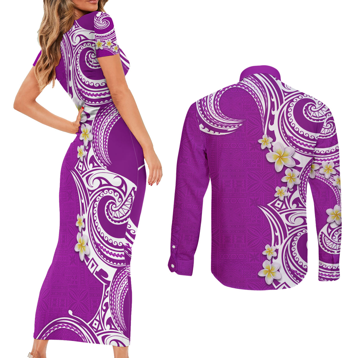 Aloha Polynesian Plumeria Flower Couples Matching Short Sleeve Bodycon Dress and Long Sleeve Button Shirt Purple Color