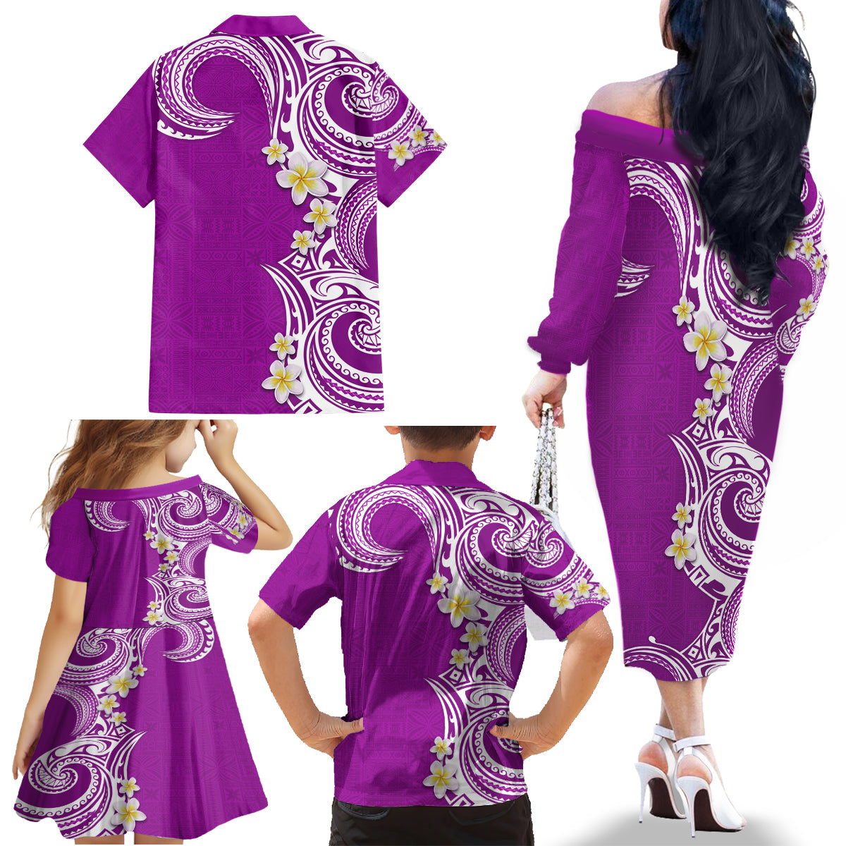 Aloha Polynesian Plumeria Flower Family Matching Off The Shoulder Long Sleeve Dress and Hawaiian Shirt Purple Color