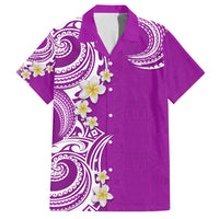 Aloha Polynesian Plumeria Flower Family Matching Off The Shoulder Long Sleeve Dress and Hawaiian Shirt Purple Color