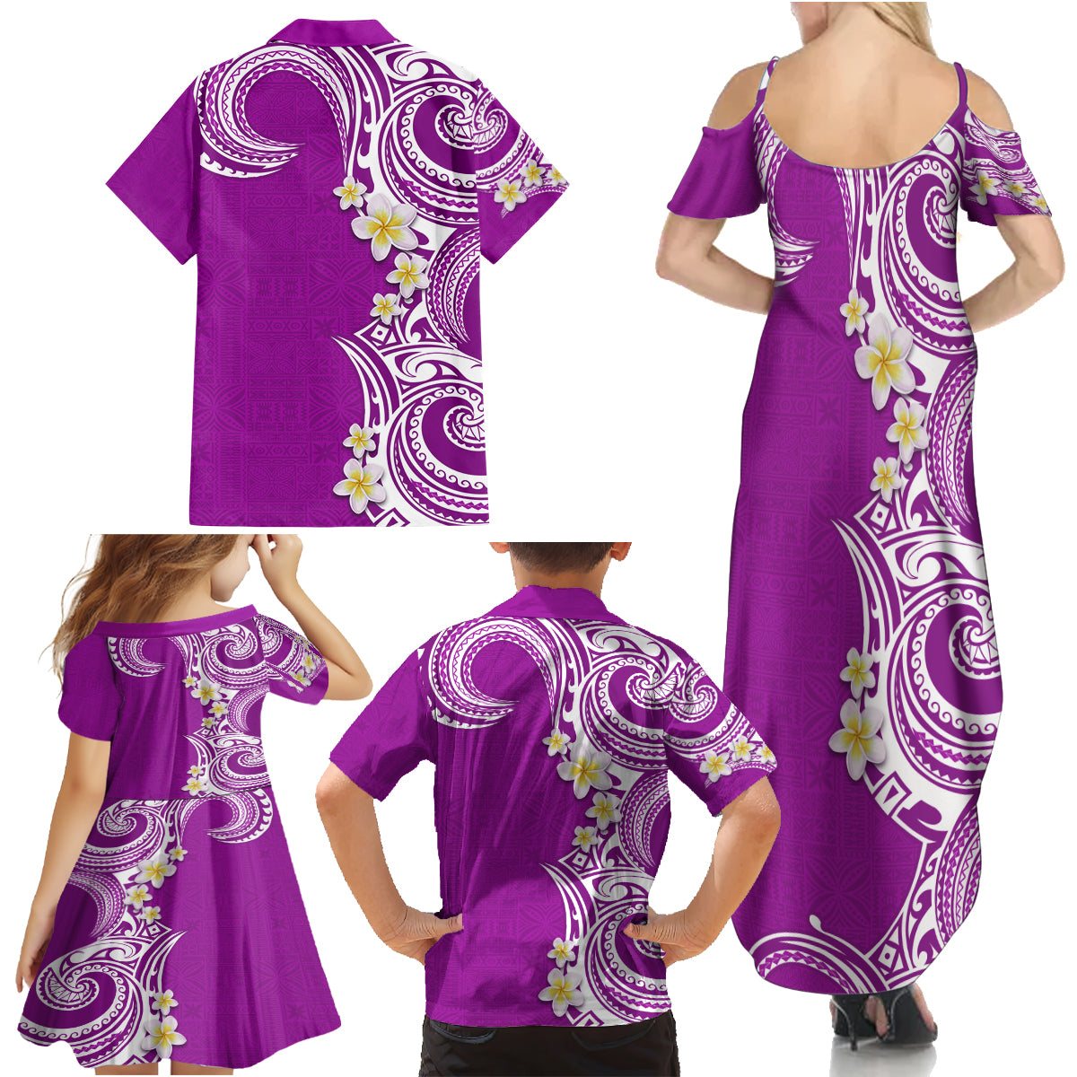 Aloha Polynesian Plumeria Flower Family Matching Summer Maxi Dress and Hawaiian Shirt Purple Color