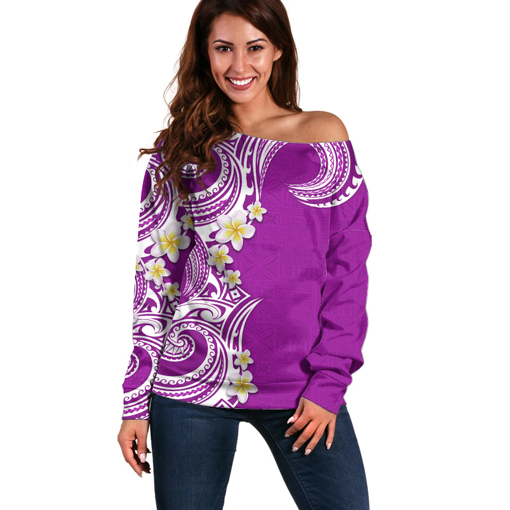 Aloha Polynesian Plumeria Flower Off Shoulder Sweater Purple Color LT03 Women Purple - Polynesian Pride