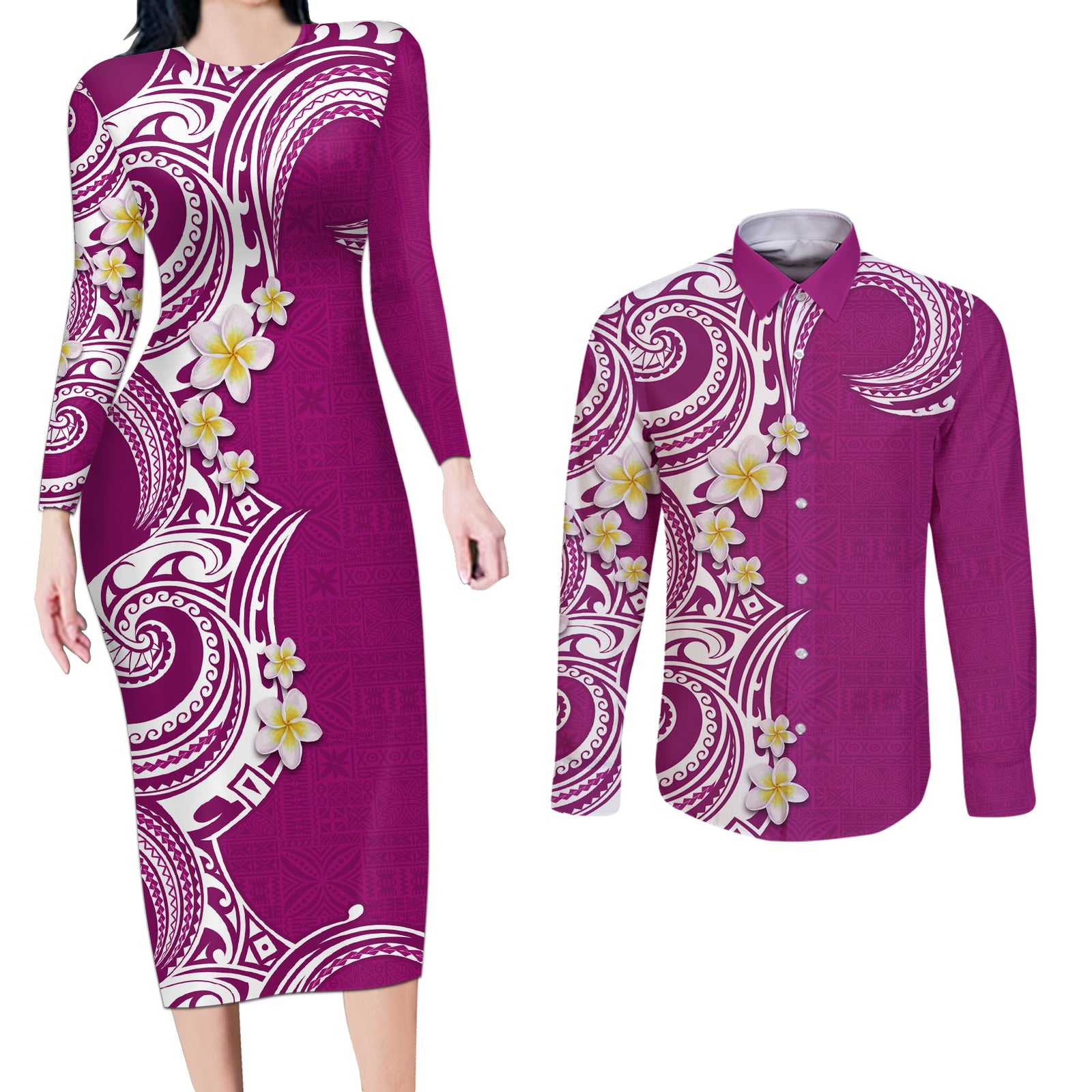 Aloha Polynesian Plumeria Flower Couples Matching Long Sleeve Bodycon Dress and Long Sleeve Button Shirt Pink Color