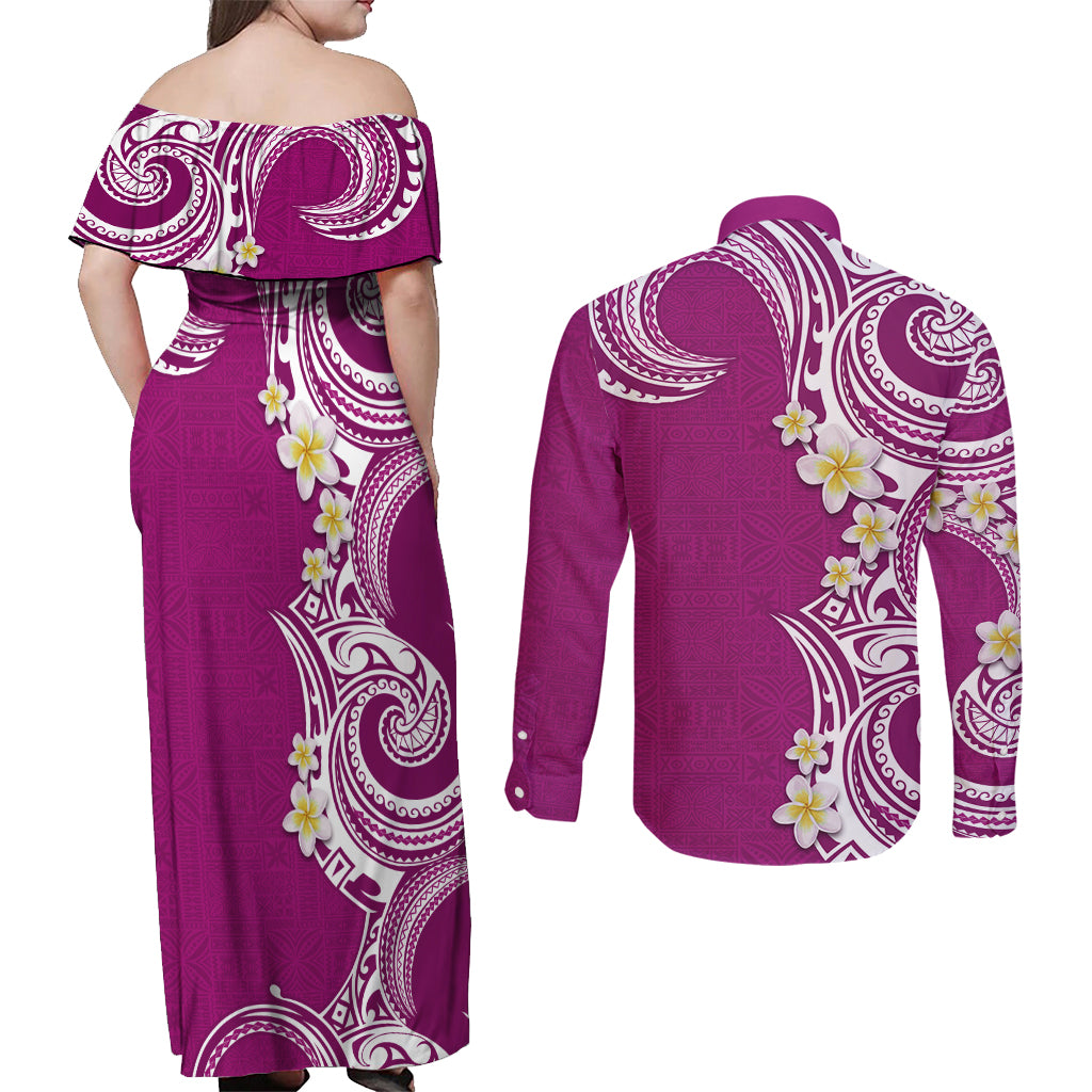 Aloha Polynesian Plumeria Flower Couples Matching Off Shoulder Maxi Dress and Long Sleeve Button Shirt Pink Color