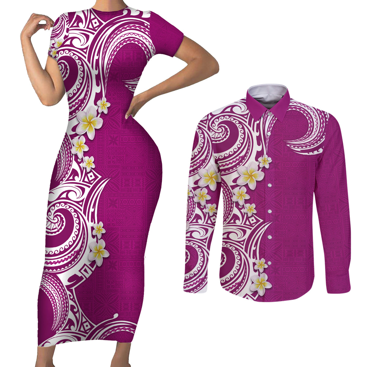 Aloha Polynesian Plumeria Flower Couples Matching Short Sleeve Bodycon Dress and Long Sleeve Button Shirt Pink Color