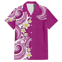 Aloha Polynesian Plumeria Flower Family Matching Off Shoulder Short Dress and Hawaiian Shirt Pink Color