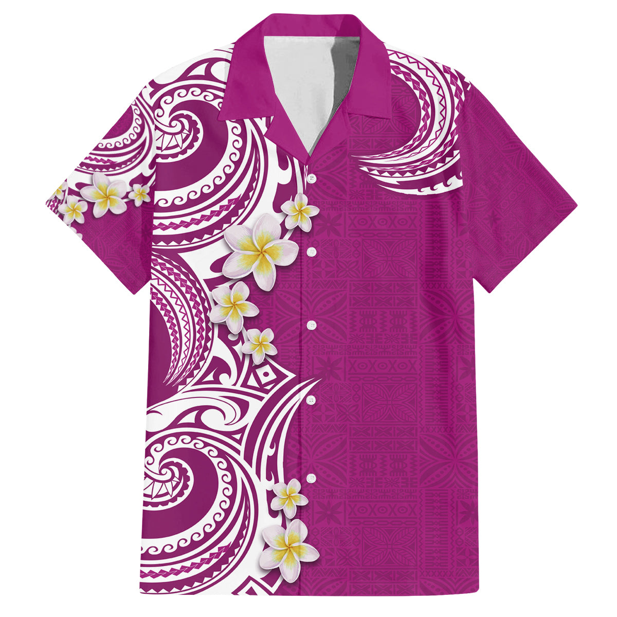 Aloha Polynesian Plumeria Flower Family Matching Puletasi and Hawaiian Shirt Pink Color