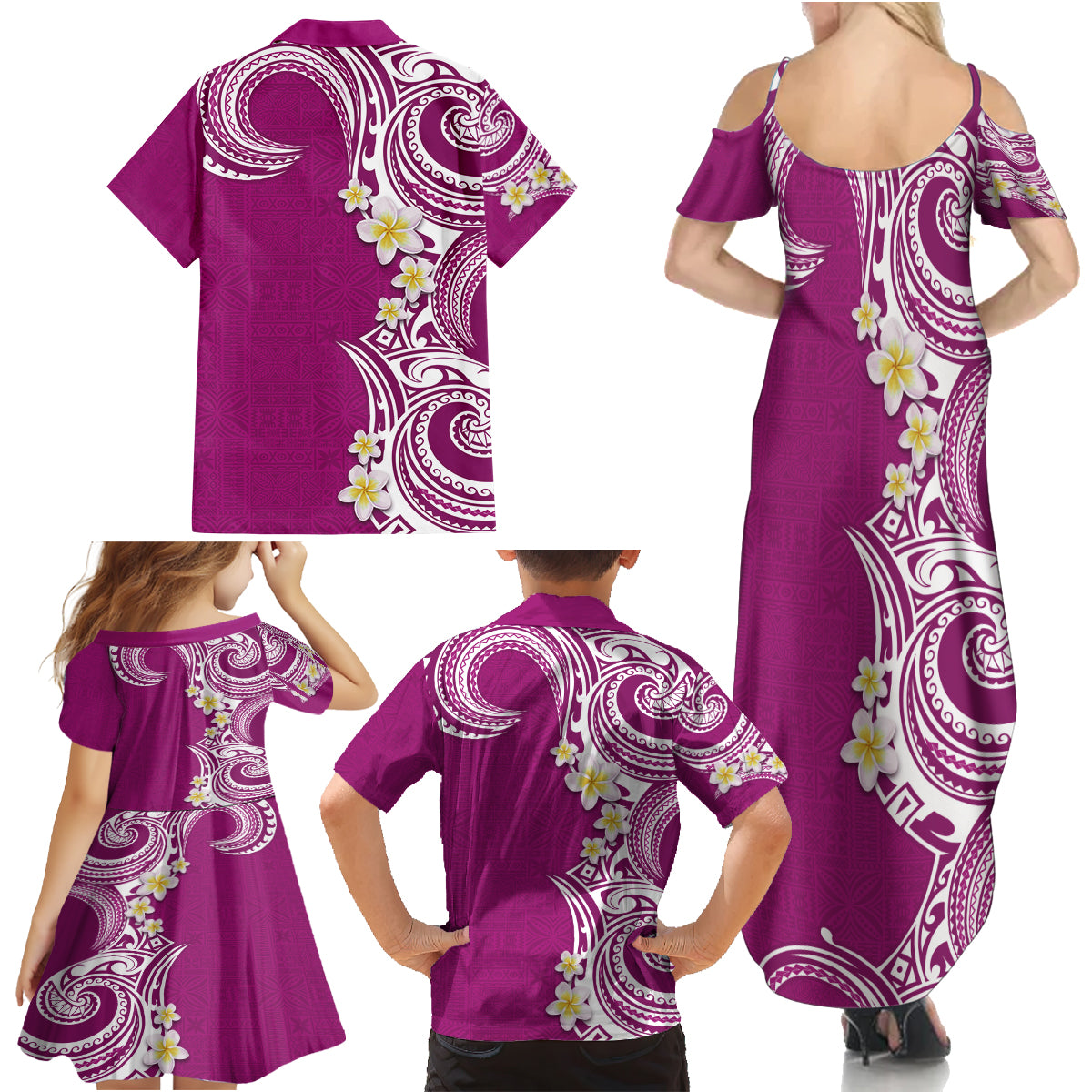Aloha Polynesian Plumeria Flower Family Matching Summer Maxi Dress and Hawaiian Shirt Pink Color