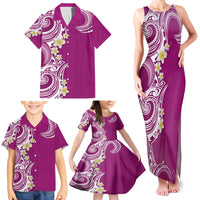Aloha Polynesian Plumeria Flower Family Matching Tank Maxi Dress and Hawaiian Shirt Pink Color