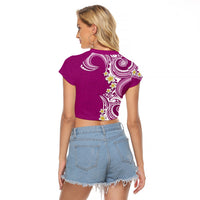 Aloha Polynesian Plumeria Flower Raglan Cropped T Shirt Pink Color