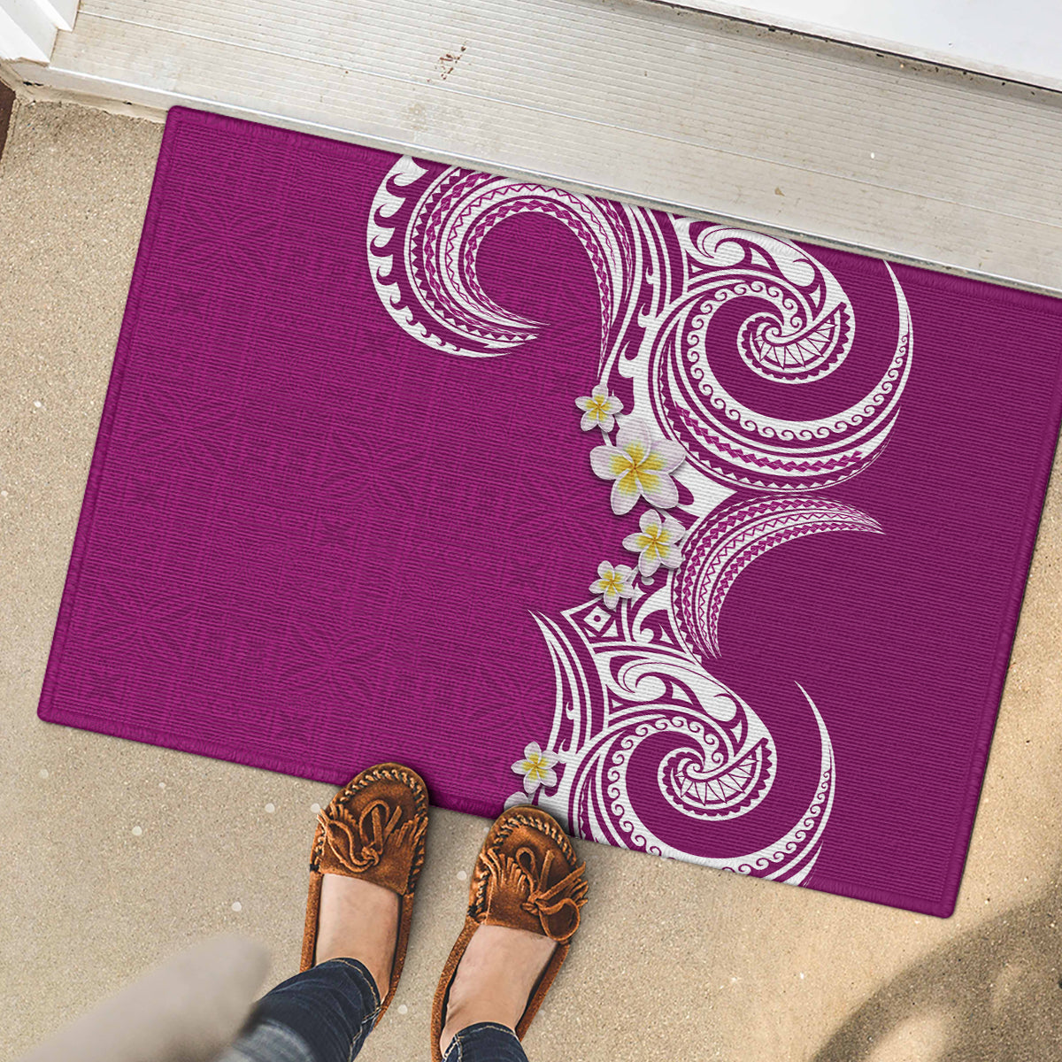 Aloha Polynesian Plumeria Flower Rubber Doormat Pink Color