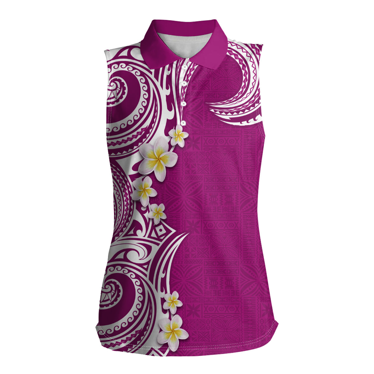 Aloha Polynesian Plumeria Flower Women Sleeveless Polo Shirt Pink Color