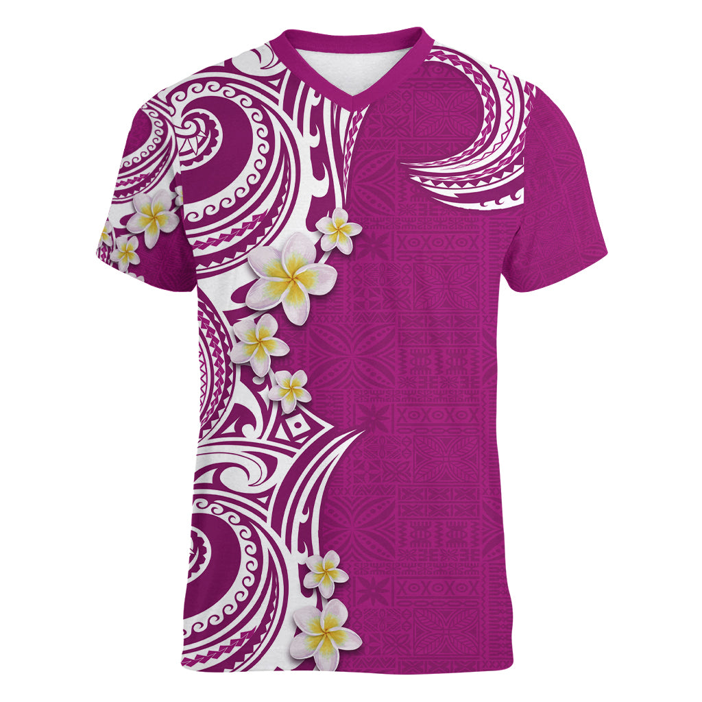 Aloha Polynesian Plumeria Flower Women V-Neck T-Shirt Pink Color