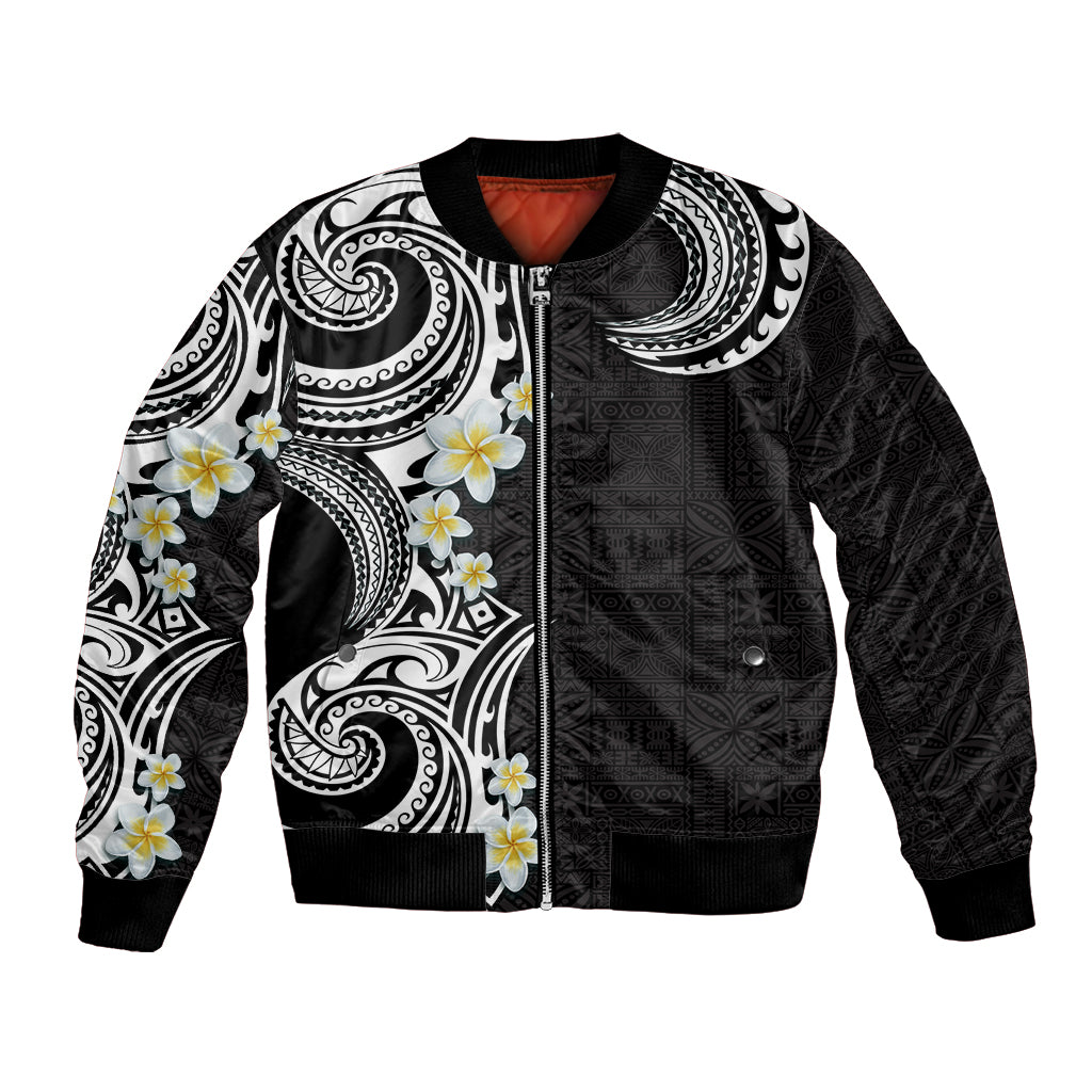 Aloha Polynesian Plumeria Flower Bomber Jacket Black White Color