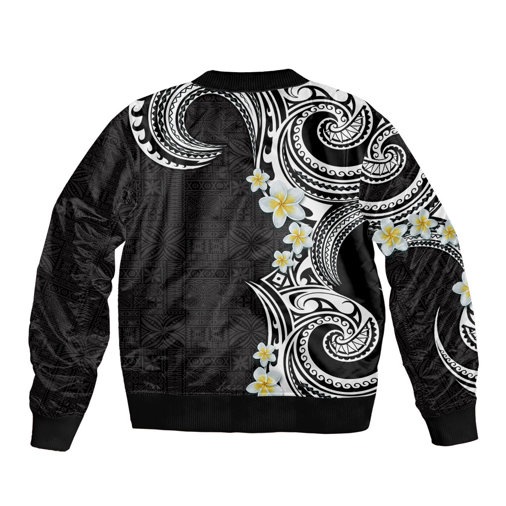 Aloha Polynesian Plumeria Flower Bomber Jacket Black White Color