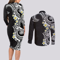 Aloha Polynesian Plumeria Flower Couples Matching Long Sleeve Bodycon Dress and Long Sleeve Button Shirt Black White Color