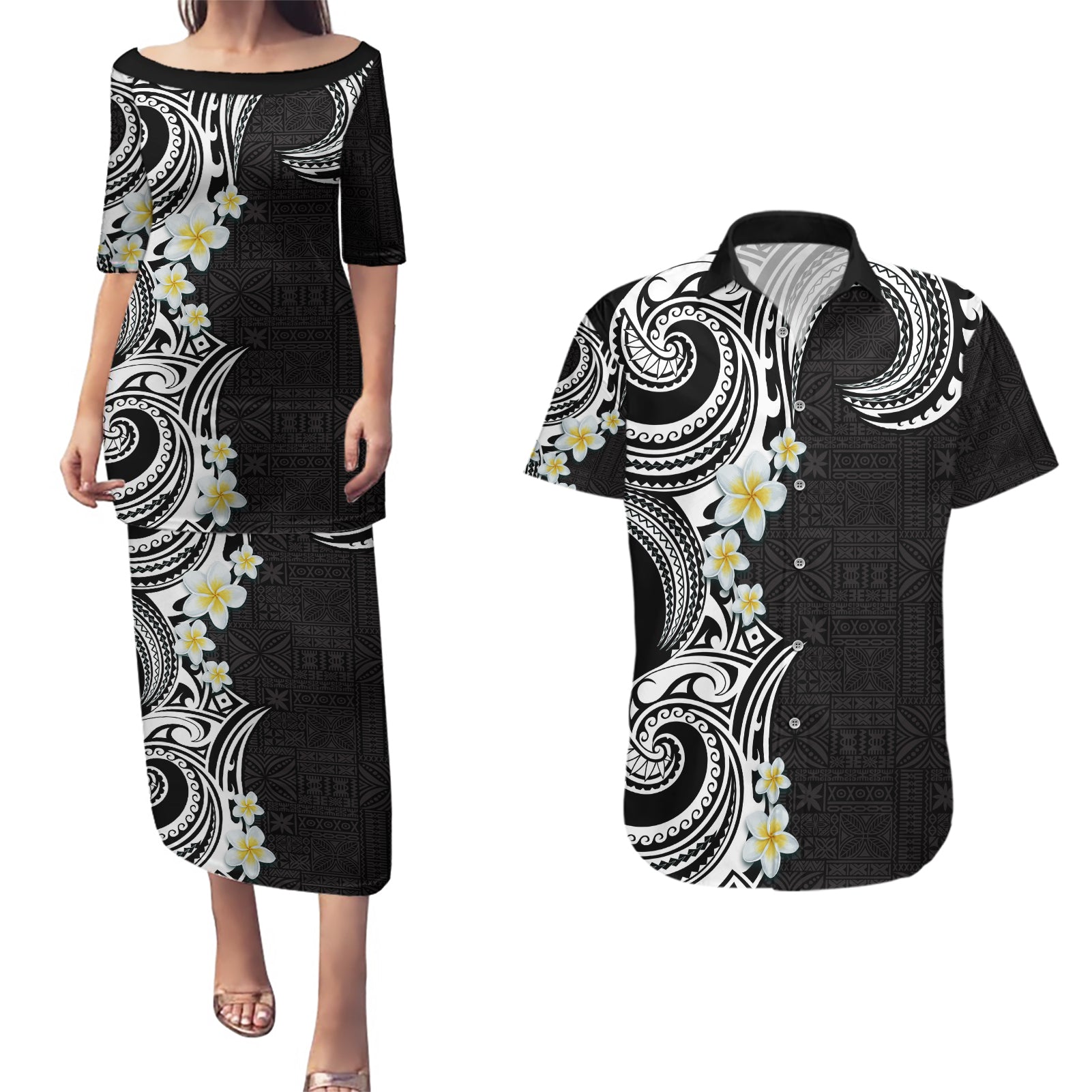 Aloha Polynesian Plumeria Flower Couples Matching Puletasi and Hawaiian Shirt Black White Color