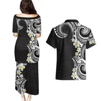 Aloha Polynesian Plumeria Flower Couples Matching Puletasi and Hawaiian Shirt Black White Color