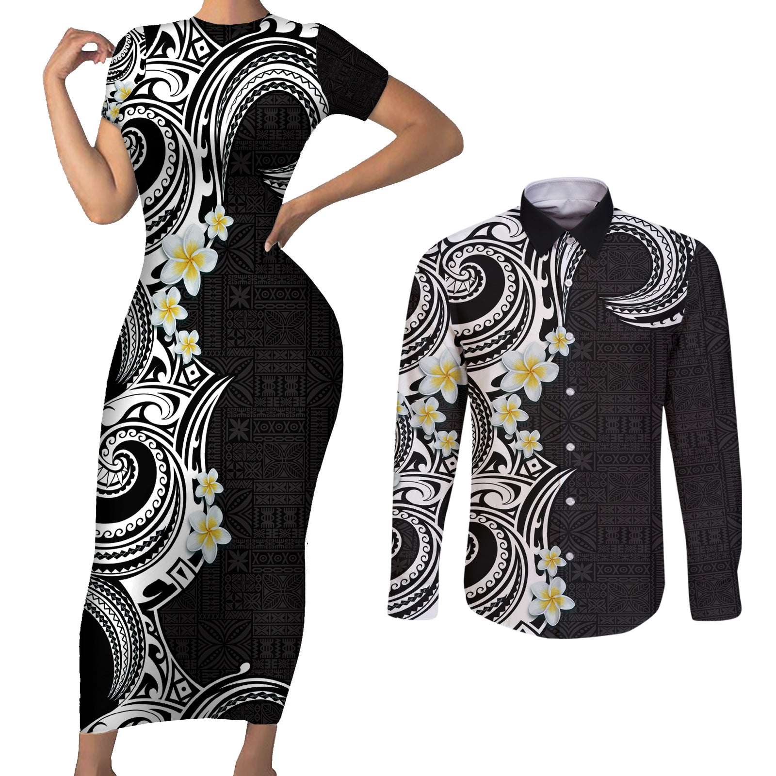 Aloha Polynesian Plumeria Flower Couples Matching Short Sleeve Bodycon Dress and Long Sleeve Button Shirt Black White Color