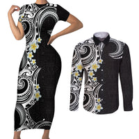 Aloha Polynesian Plumeria Flower Couples Matching Short Sleeve Bodycon Dress and Long Sleeve Button Shirt Black White Color
