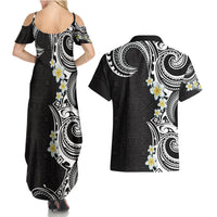 Aloha Polynesian Plumeria Flower Couples Matching Summer Maxi Dress and Hawaiian Shirt Black White Color