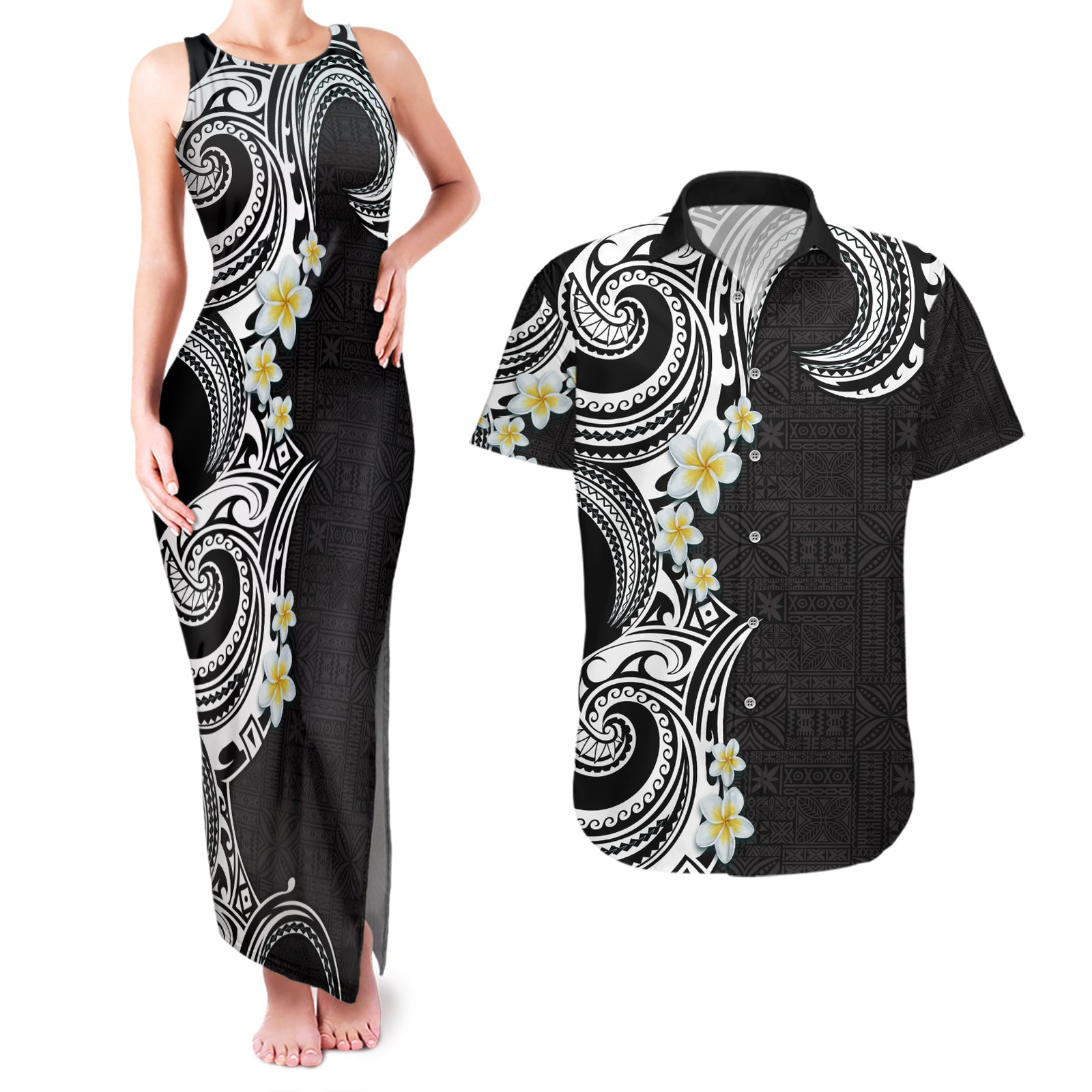 Aloha Polynesian Plumeria Flower Couples Matching Tank Maxi Dress and Hawaiian Shirt Black White Color