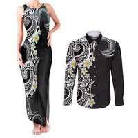 Aloha Polynesian Plumeria Flower Couples Matching Tank Maxi Dress and Long Sleeve Button Shirt Black White Color