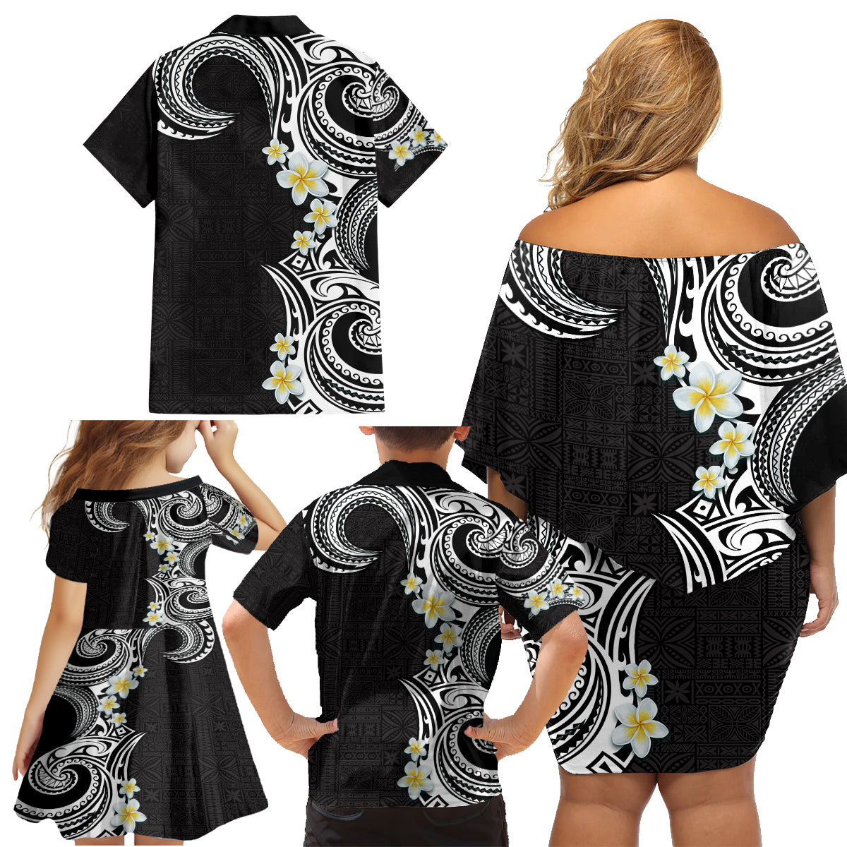 Aloha Polynesian Plumeria Flower Family Matching Off Shoulder Short Dress and Hawaiian Shirt Black White Color