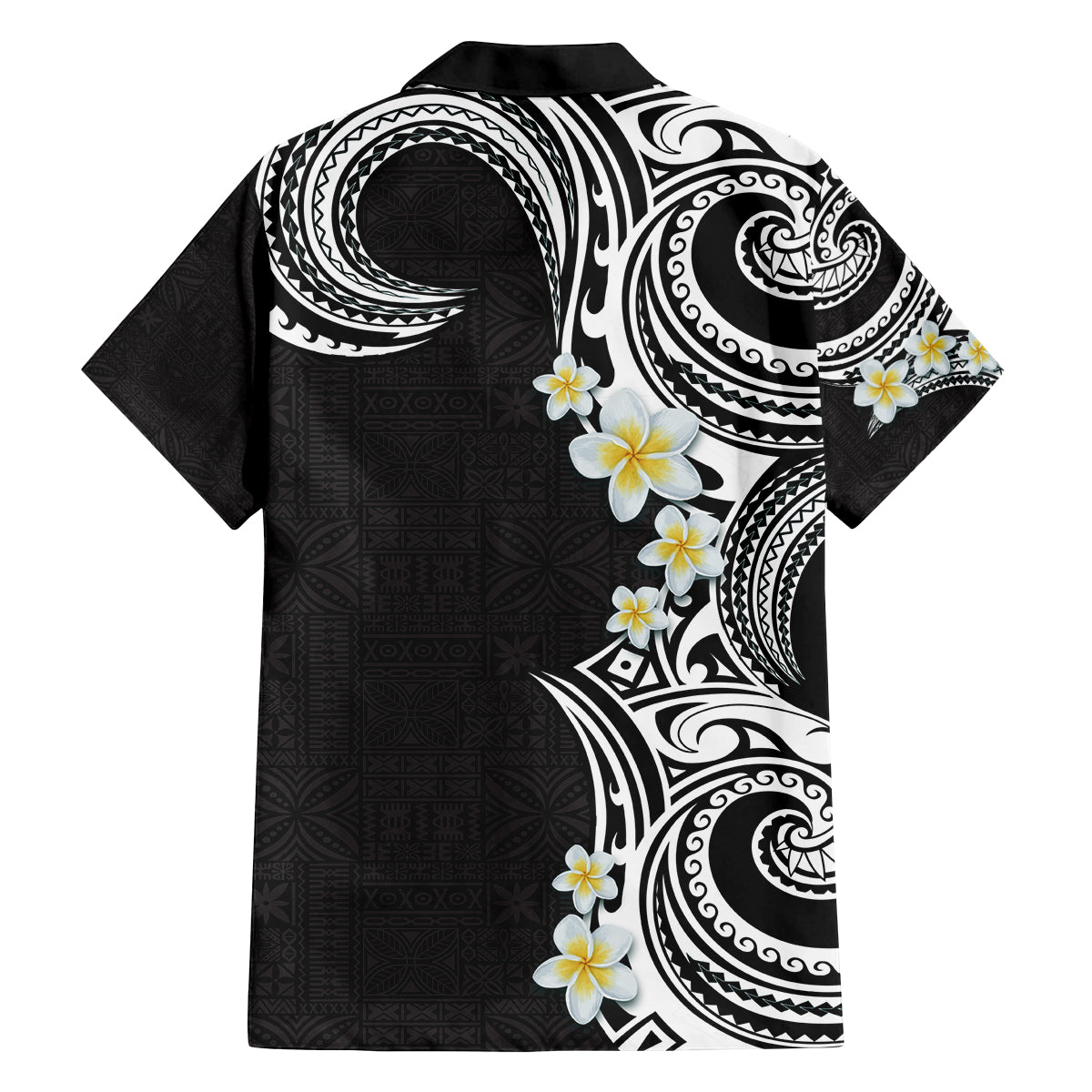 Aloha Polynesian Plumeria Flower Family Matching Off Shoulder Short Dress and Hawaiian Shirt Black White Color