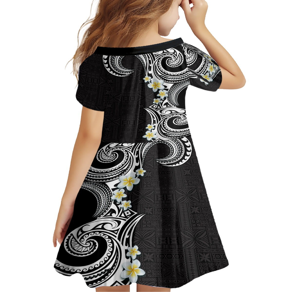 Aloha Polynesian Plumeria Flower Family Matching Short Sleeve Bodycon Dress and Hawaiian Shirt Black White Color