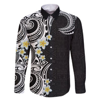 Aloha Polynesian Plumeria Flower Family Matching Tank Maxi Dress and Hawaiian Shirt Black White Color