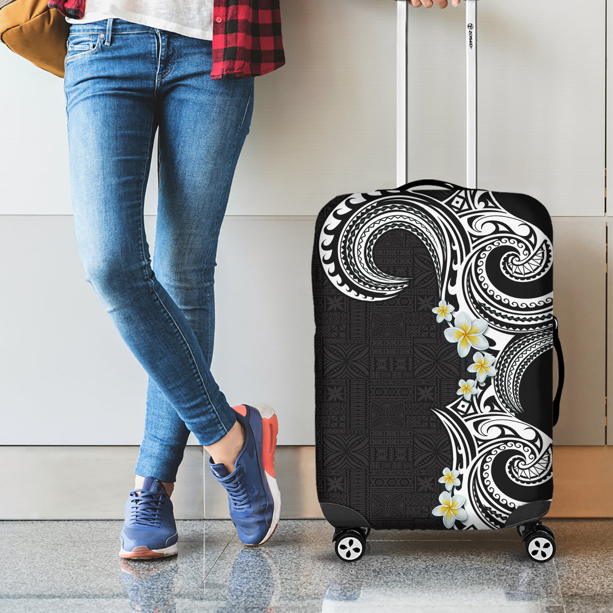 Aloha Polynesian Plumeria Flower Luggage Cover Black White Color