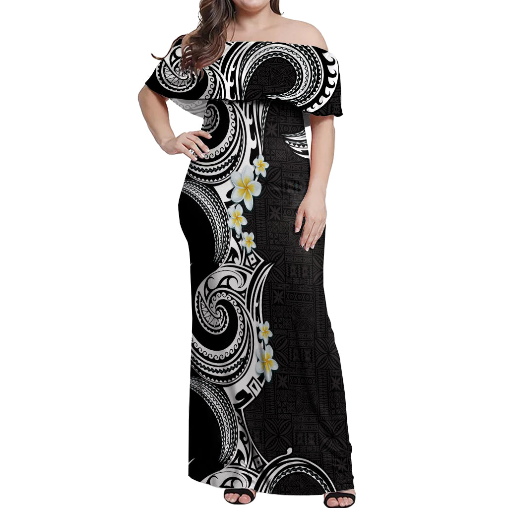 Aloha Polynesian Plumeria Flower Off Shoulder Maxi Dress Black White Color LT03 Women Black - Polynesian Pride