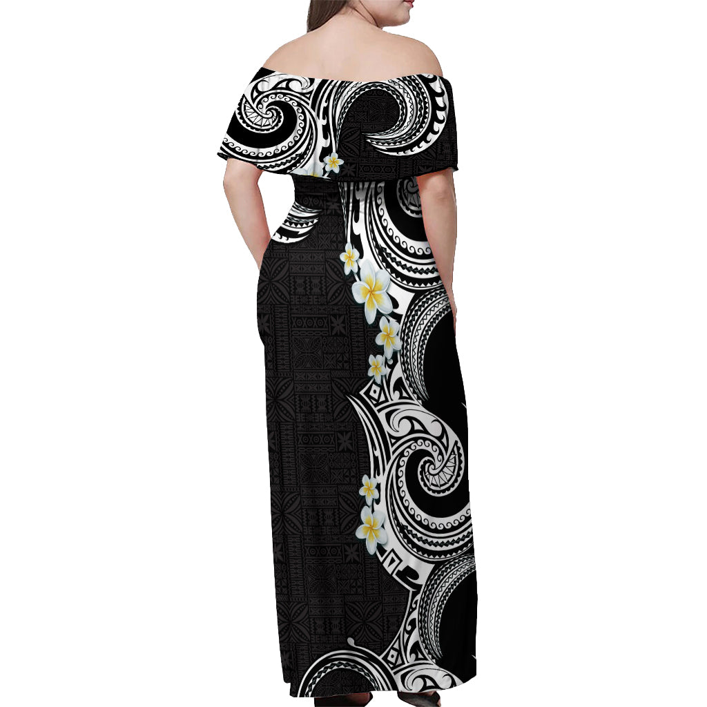 Aloha Polynesian Plumeria Flower Off Shoulder Maxi Dress Black White Color LT03 - Polynesian Pride
