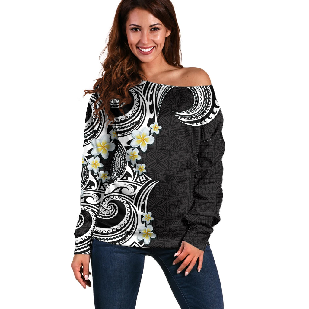 Aloha Polynesian Plumeria Flower Off Shoulder Sweater Black White Color LT03 Women Black - Polynesian Pride