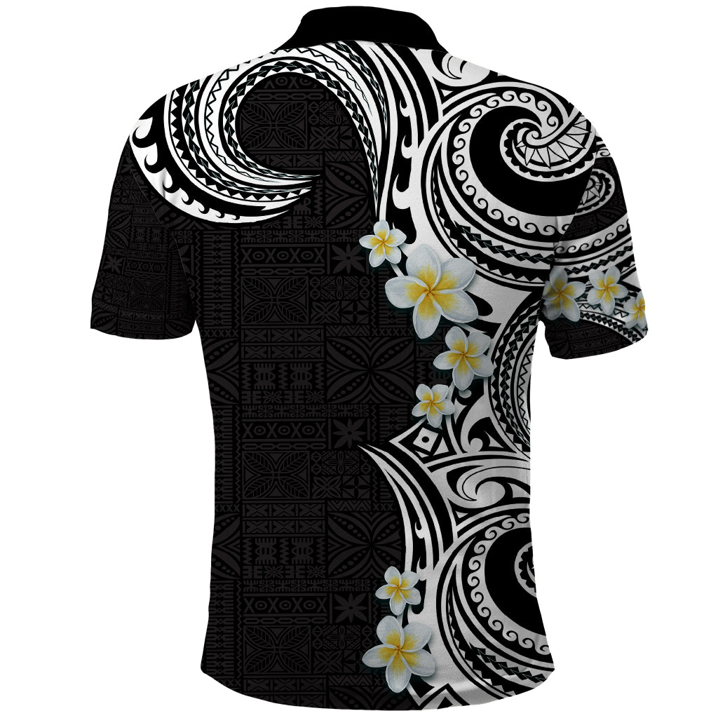 Aloha Polynesian Plumeria Flower Polo Shirt Black White Color