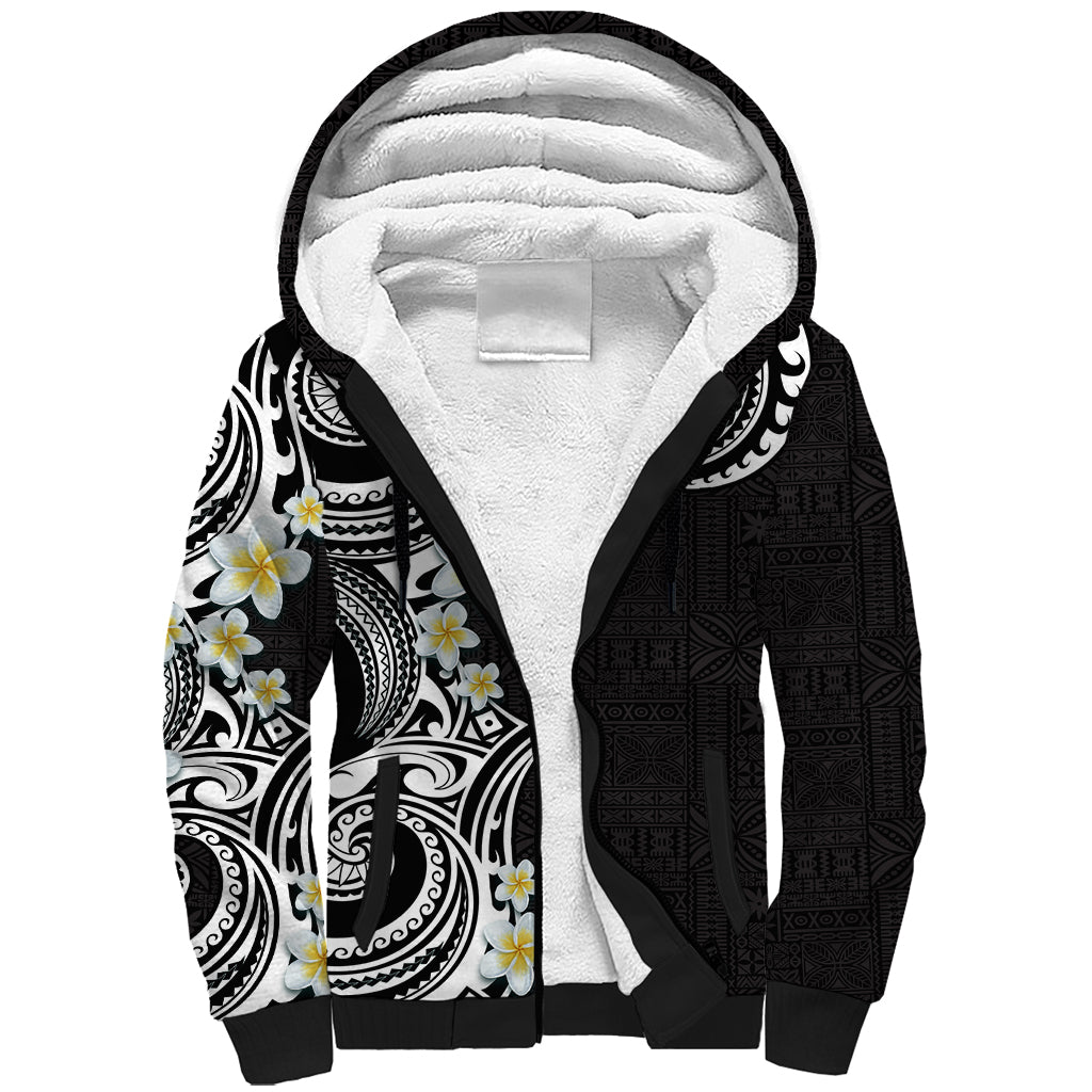 Aloha Polynesian Plumeria Flower Sherpa Hoodie Black White Color