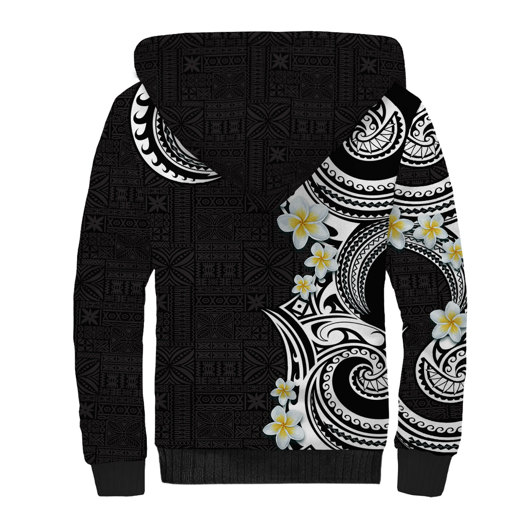Aloha Polynesian Plumeria Flower Sherpa Hoodie Black White Color
