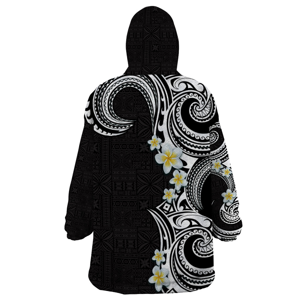 Aloha Polynesian Plumeria Flower Wearable Blanket Hoodie Black White Color