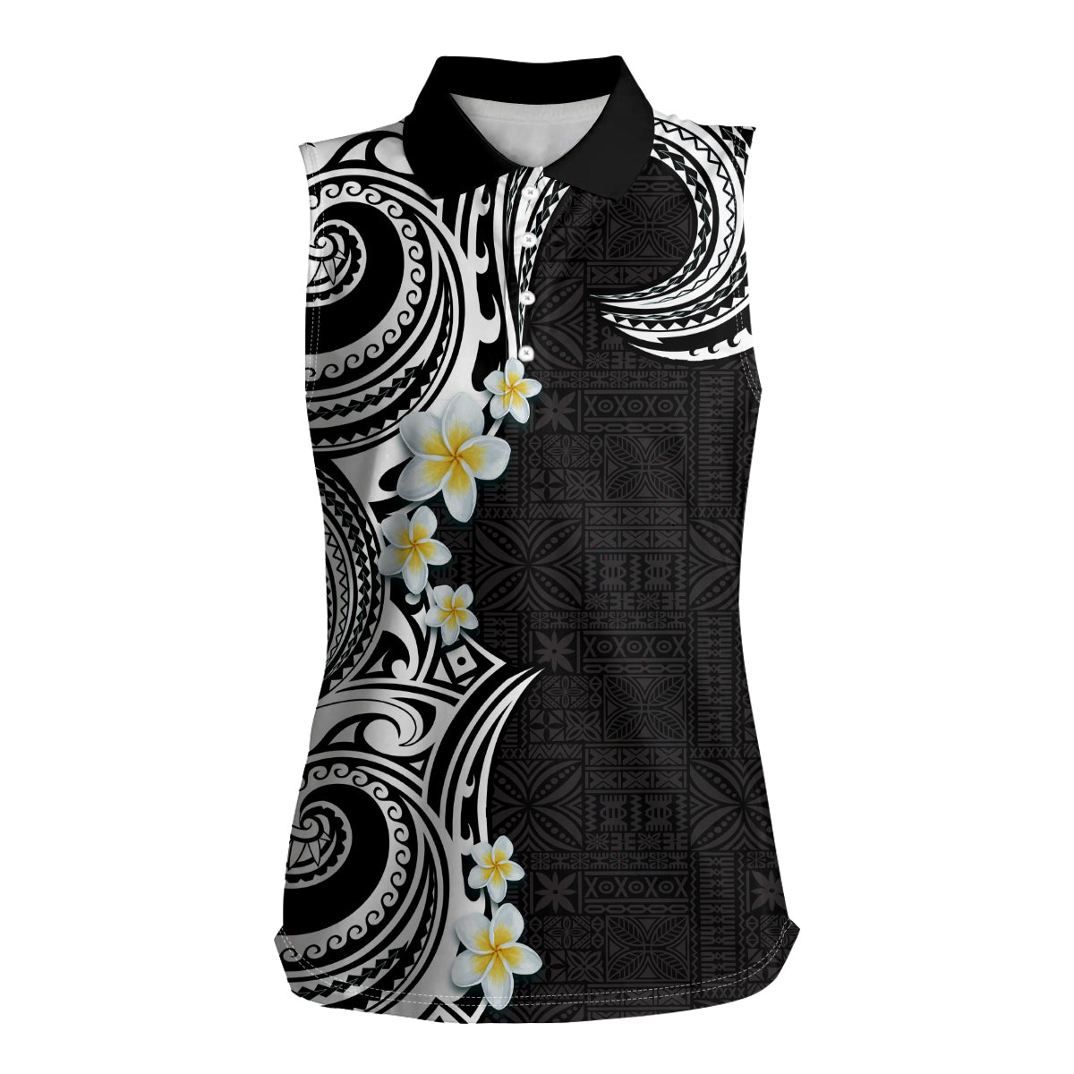 Aloha Polynesian Plumeria Flower Women Sleeveless Polo Shirt Black White Color
